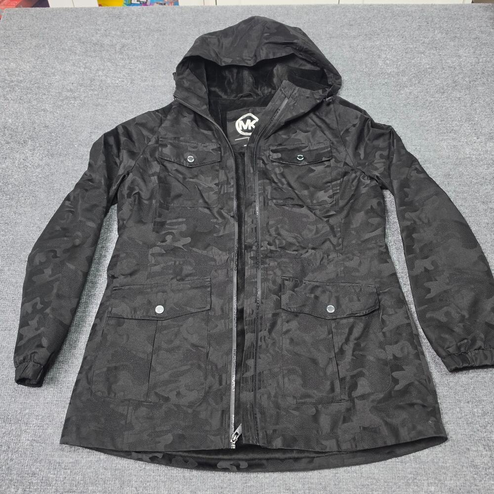 Michael Kors Men's Hooded Camouflage Jacket Black Zip Button Logo Accents Size L